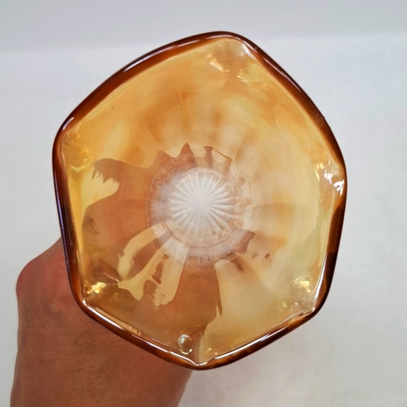 - MCM 8.5”   handmade marigold carnival glass flutted edge SWUNG VASE - Picture 2 of 5
